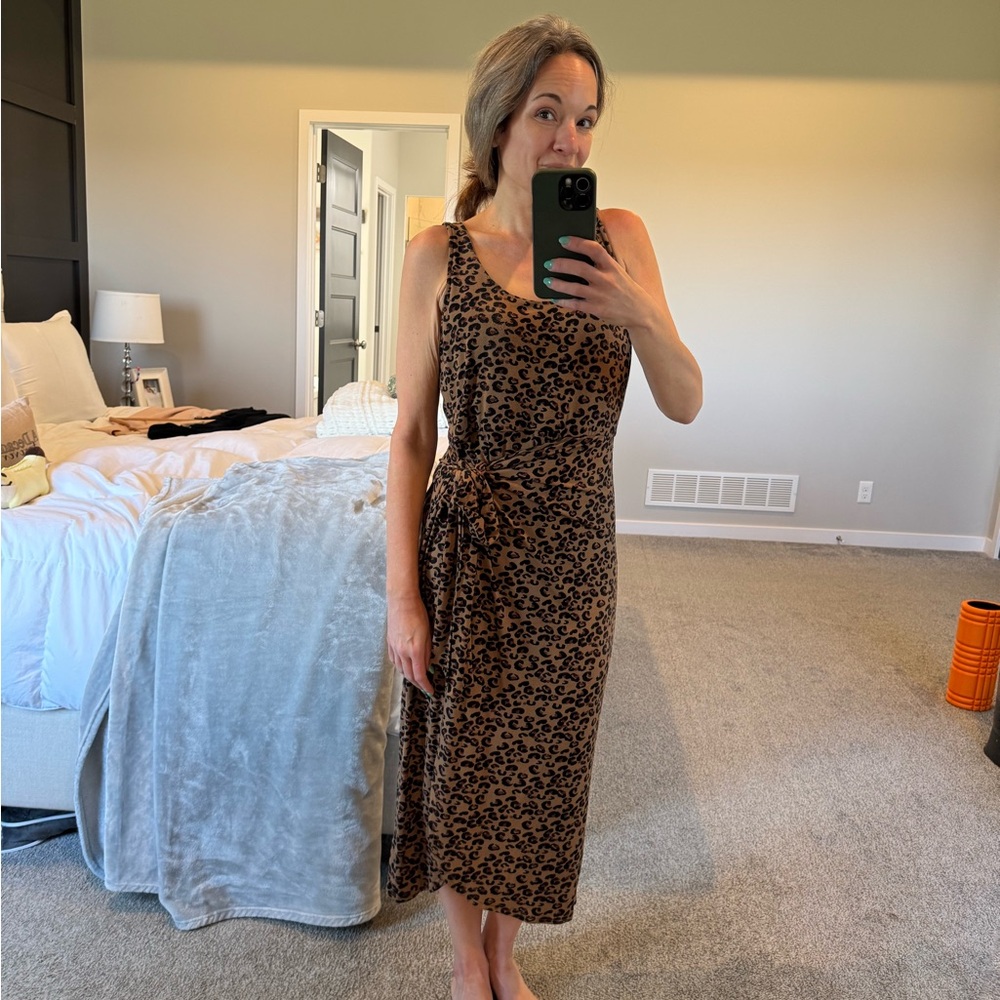 Olivia Grey Jersey Leopard Print Sleeveless Tank Faux Wrap Dress - L